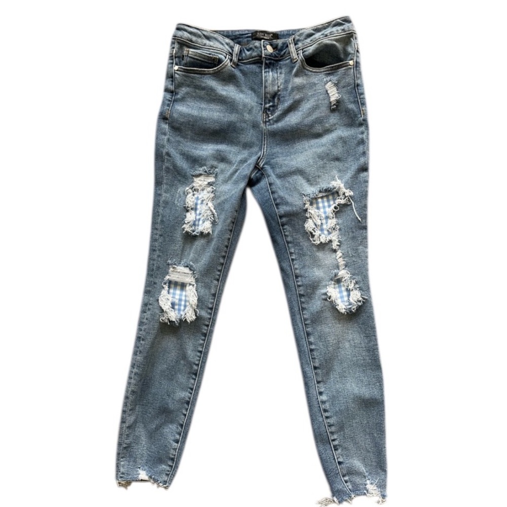 Judy Blue Jeans Womens 9/29 Blue Skinny Blue White Plaid Patch Distressed Denim - Picture 1 of 12